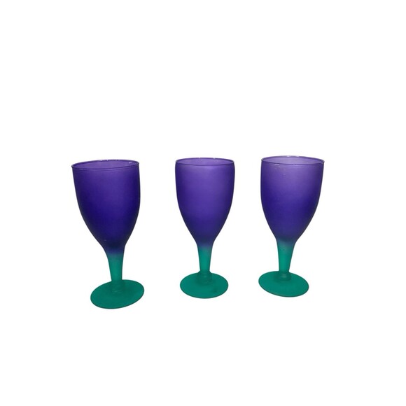 Wine Water Goblet Frosted Purple Green Hand Blown Glass Stemware Set Of 3 Mexico - Picture 4 of 14